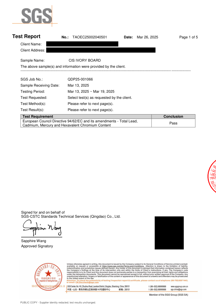 Redacted Directive 94/62/EC test report cover