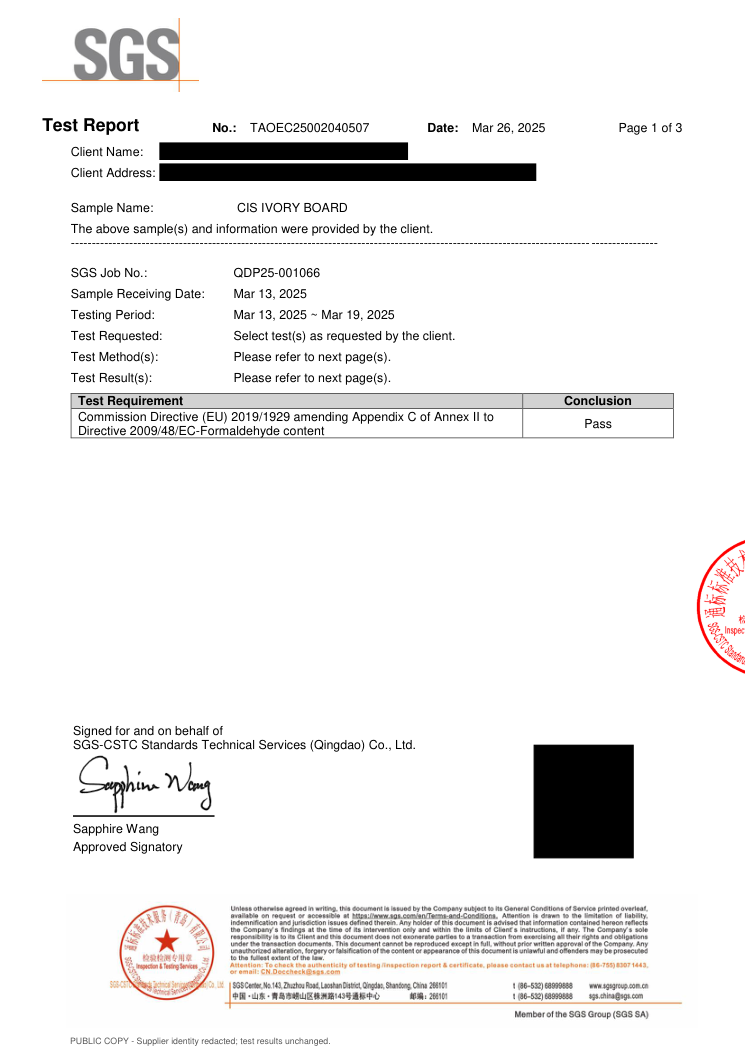 Redacted Formaldehyde test report cover