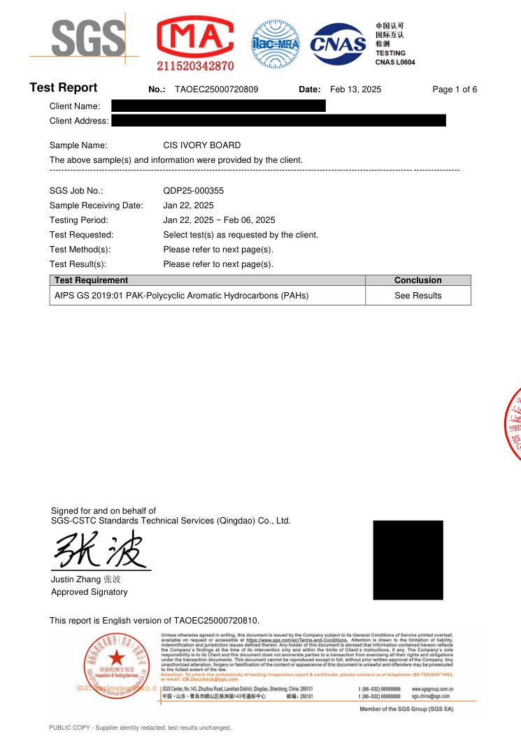 Redacted PAHs test report cover